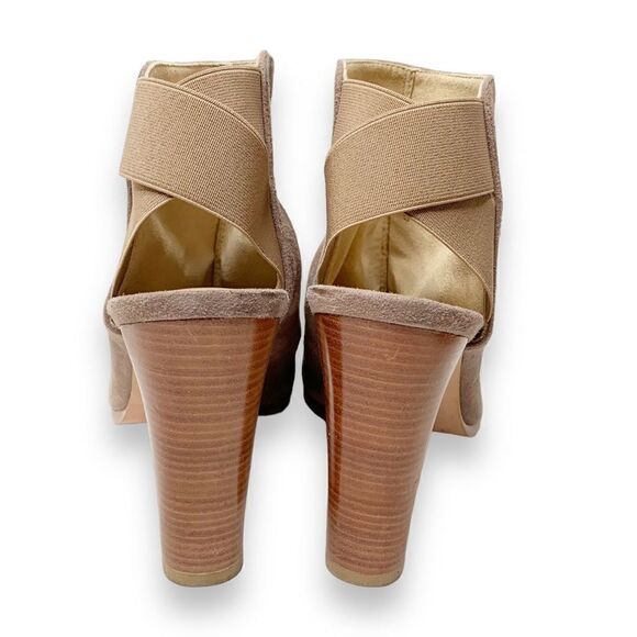 Stuart Weitzman Taupe Suede Peep Toe Stacked Cone Heel Booties Women’s Size 9.5M - Picture 3 of 10